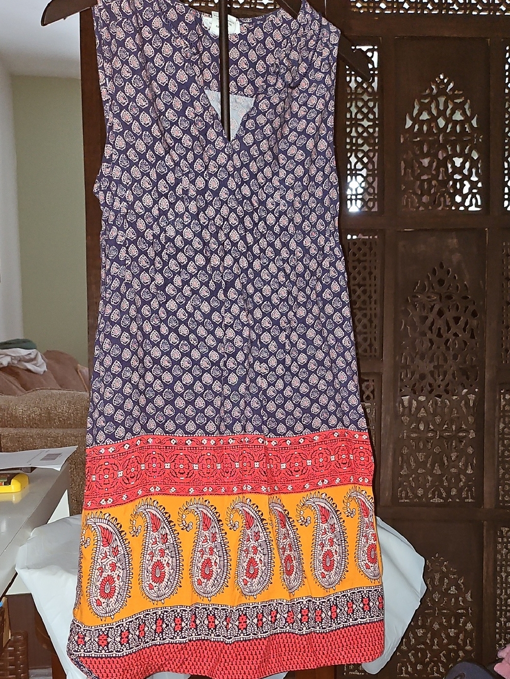 Sleeveless Printed Paisley Border Midi Dress - Navy, Red & Yellow